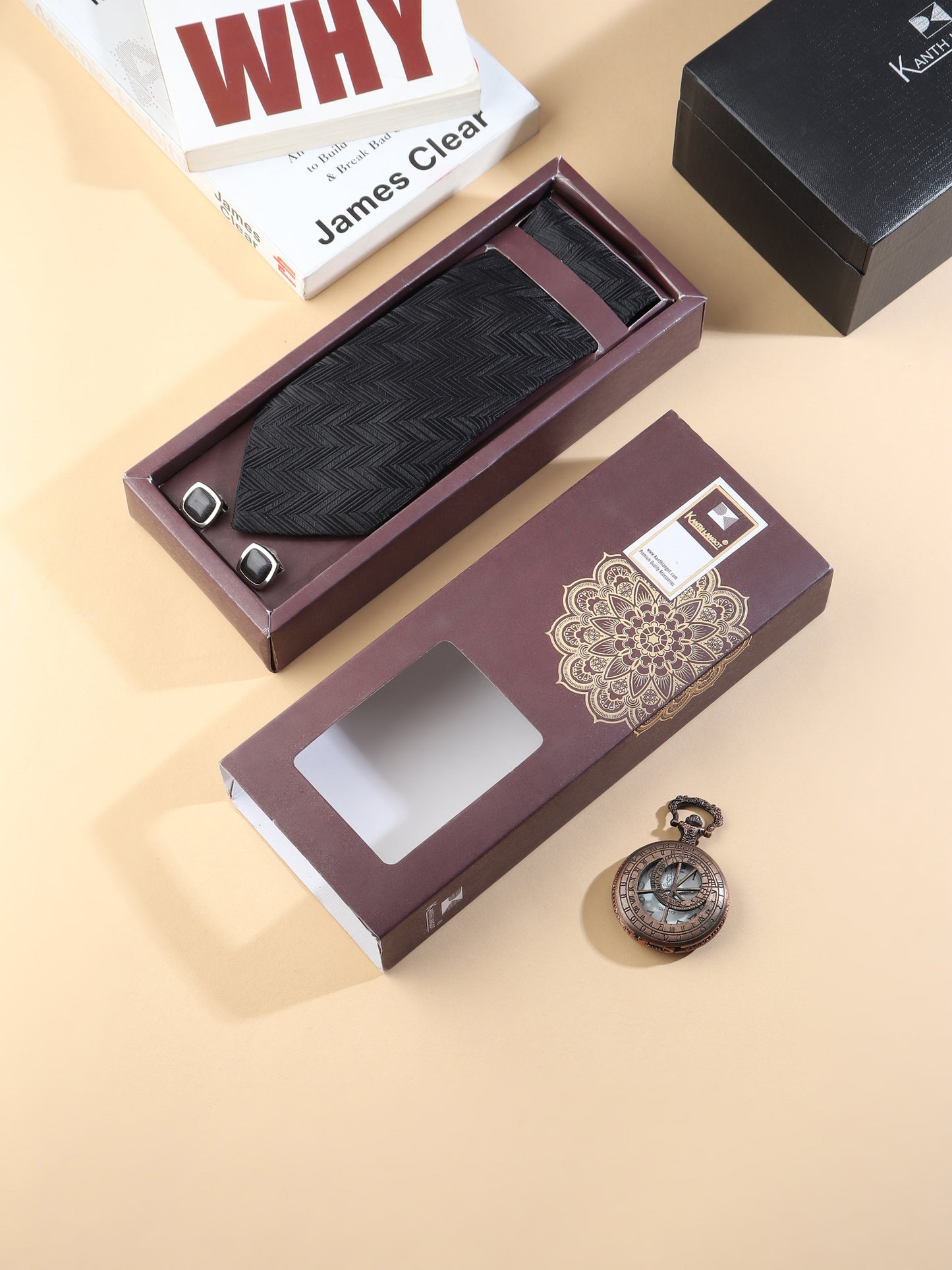 Kanthlangot Men’s 3-Piece Formal Set – Black Herringbone Tie, Pocket Square & Rounded Matte Black Cufflinks (3-Inch Necktie)