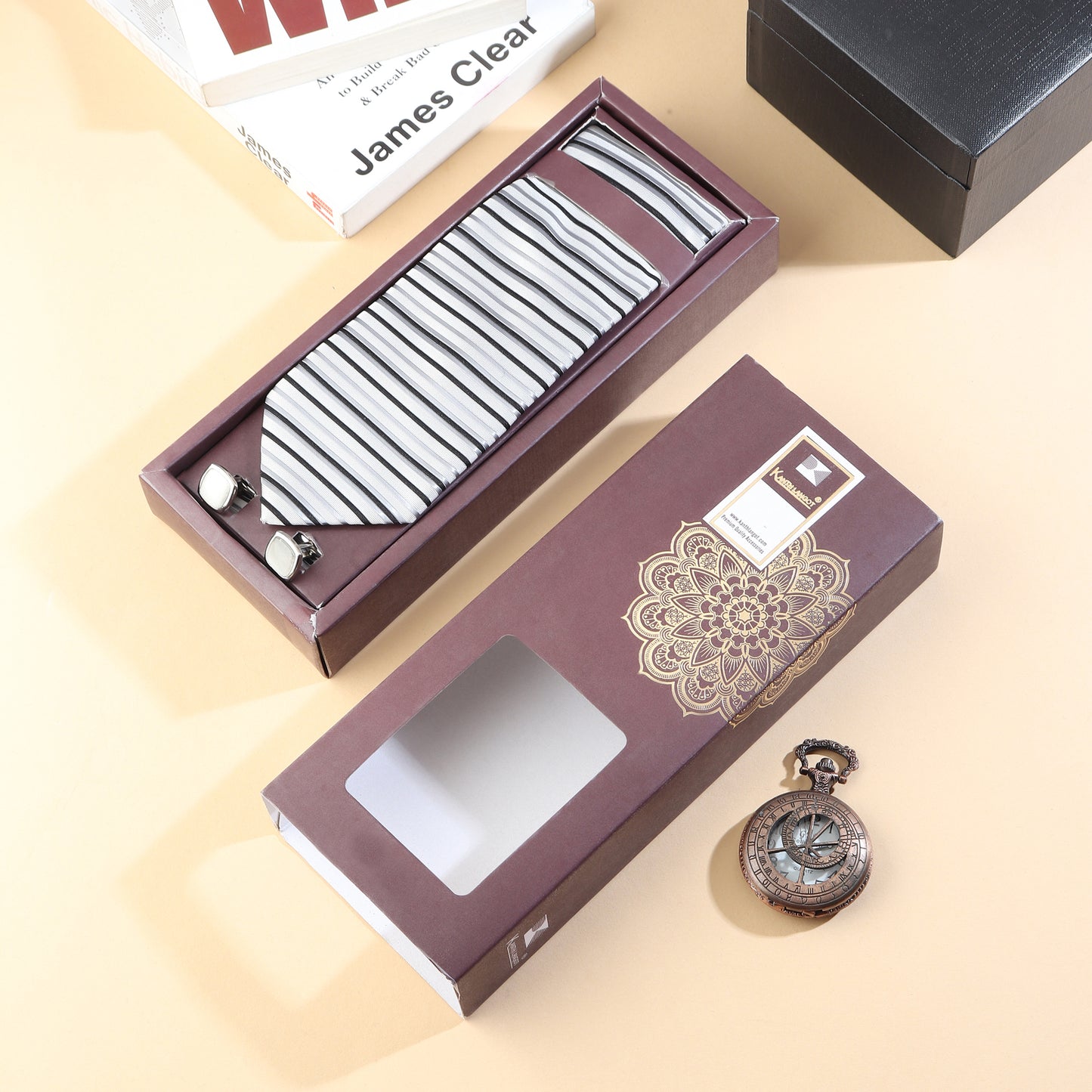 Kanthlangot men’s striped tie set with pocket square & silver crystal cufflinks. Ideal for weddings, corporate events, and sophisticated gifting.