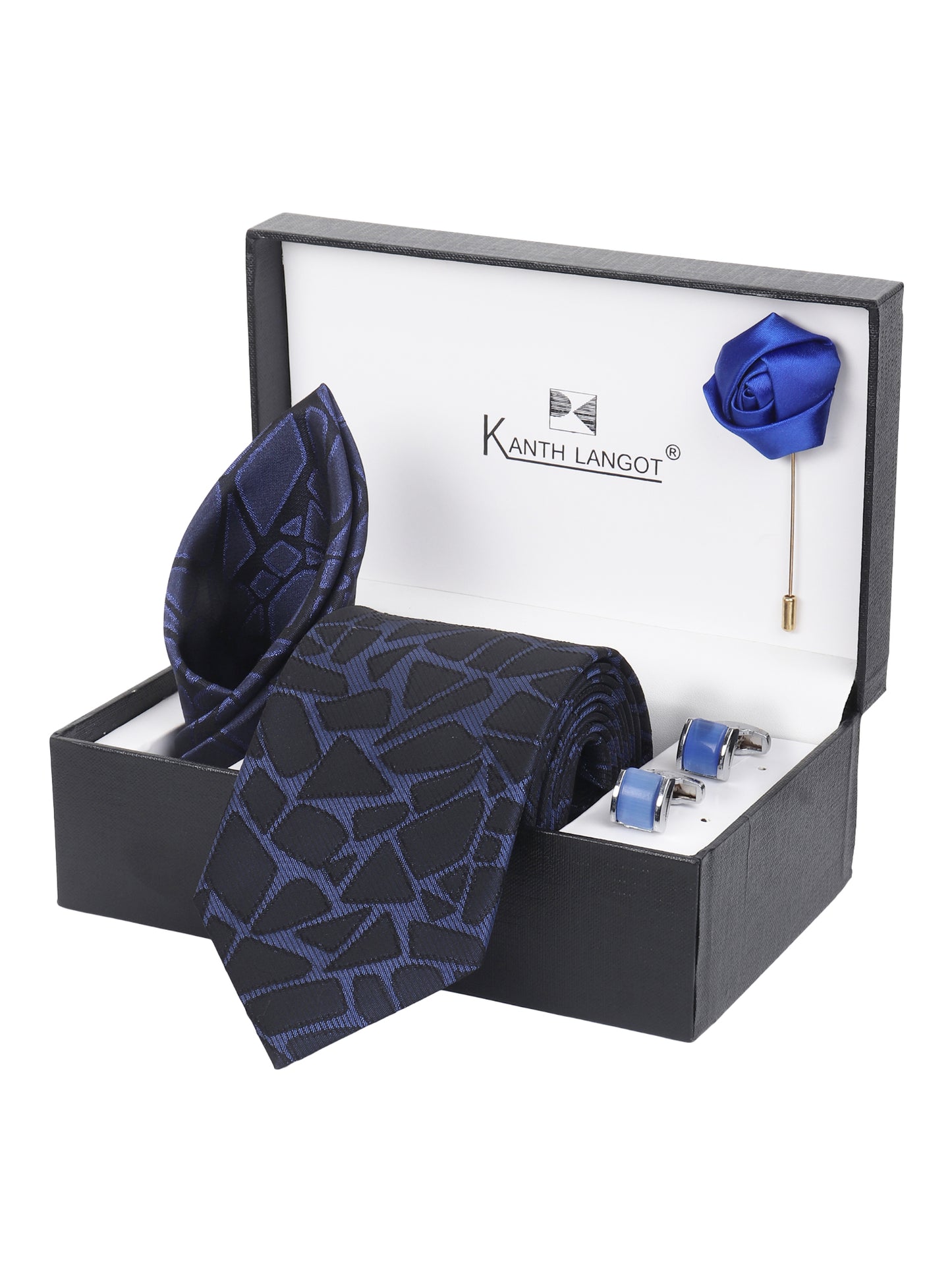 Kanthlangot Navy Geometric Tie Set with Pocket Square, Cufflinks & Royal Blue Lapel Pin