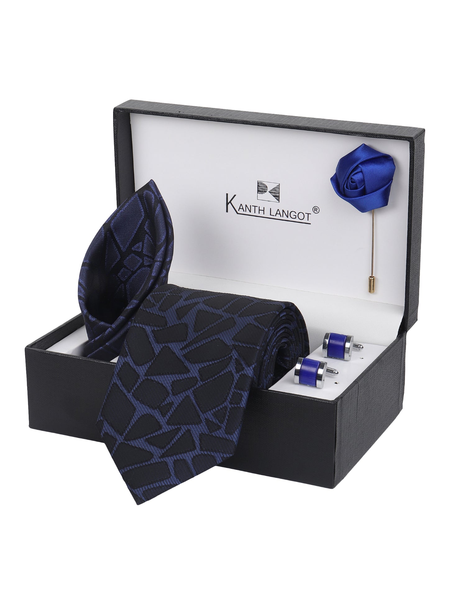 Kanthlangot Royal Blue Mosaic Tie Set with Pocket Square, Blue Cufflinks & Lapel Pin