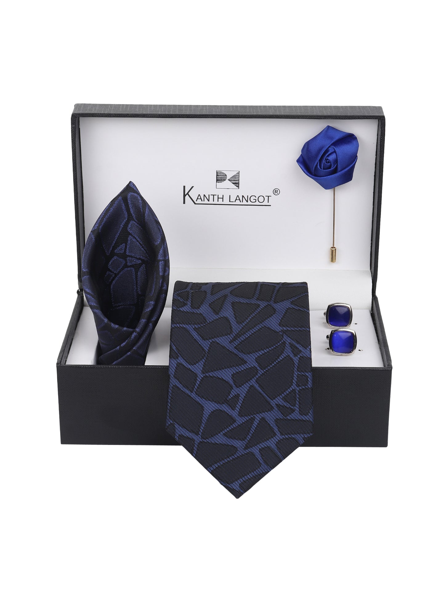 Kanthlangot Royal Blue Mosaic Necktie Set with Pocket Square, Cufflinks & Lapel Pin