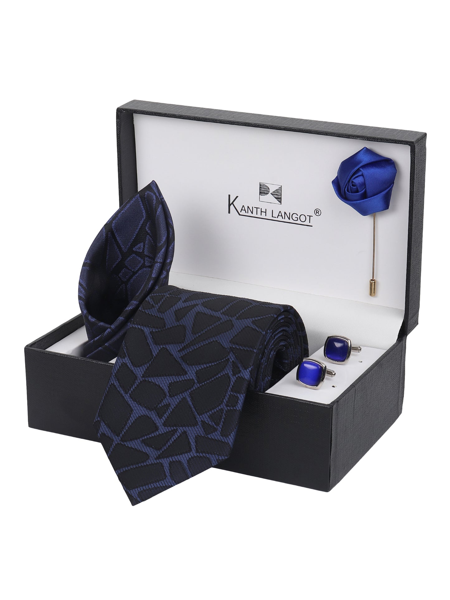 Kanthlangot Royal Blue Mosaic Necktie Set with Pocket Square, Cufflinks & Lapel Pin