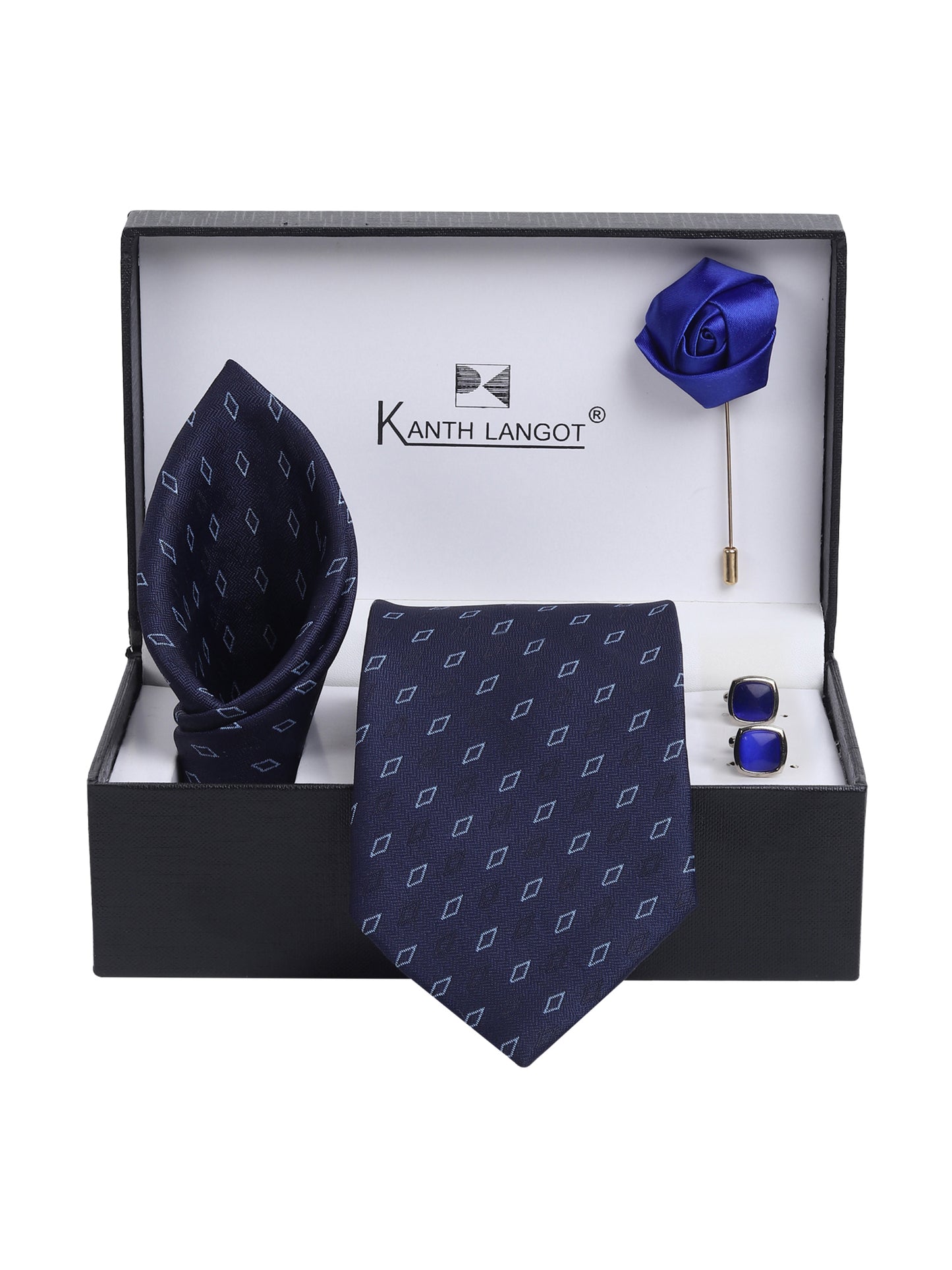 Kanthlangot Navy Blue Diamond Necktie Set with Pocket Square, Cufflinks & Lapel Pin