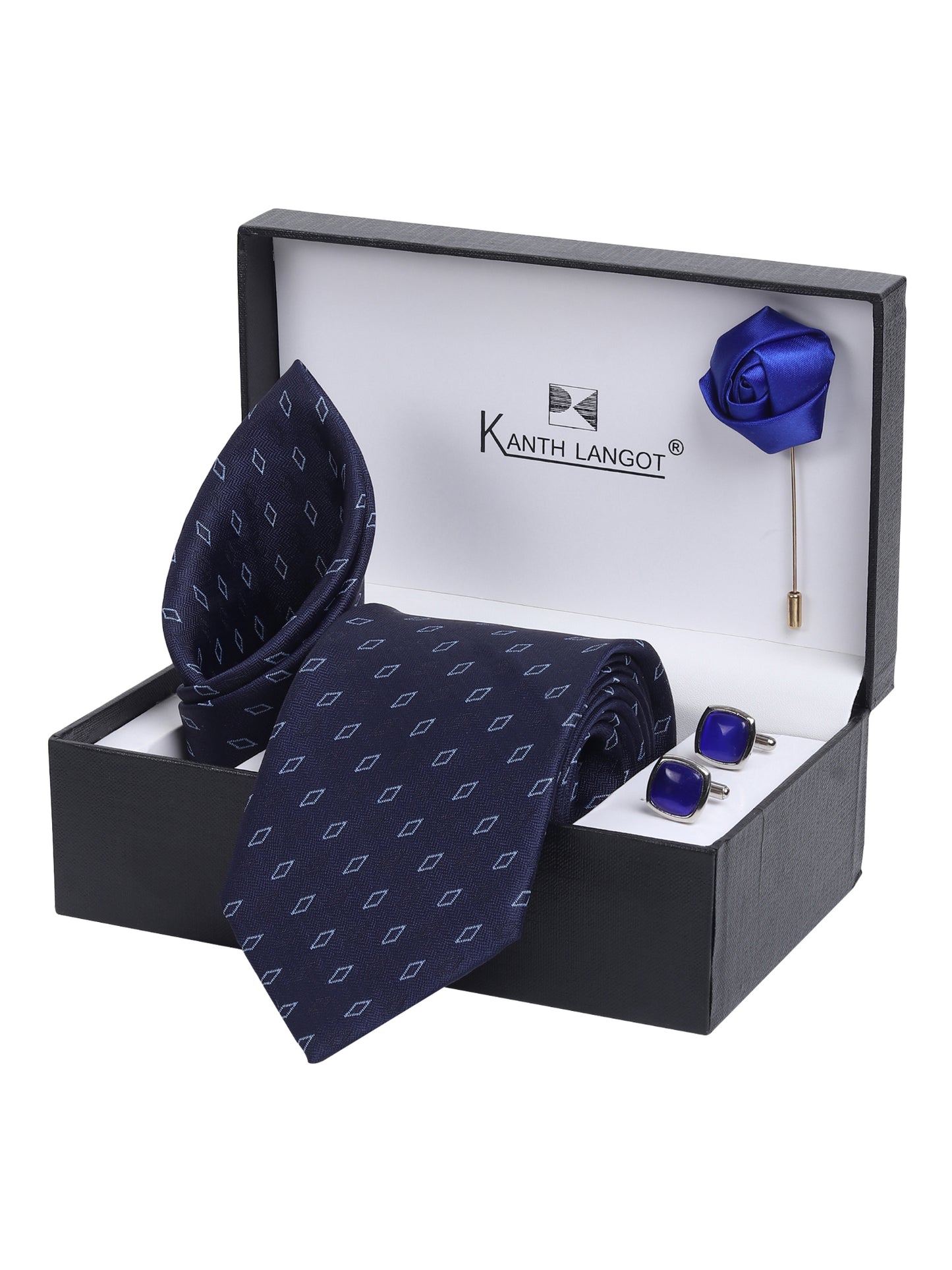 Kanthlangot Navy Blue Diamond Necktie Set with Pocket Square, Cufflinks & Lapel Pin