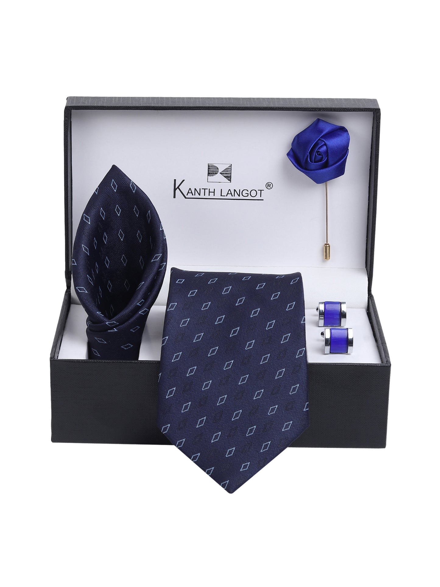 Kanthlangot Navy Diamond Necktie Set with Pocket Square, Cufflinks & Lapel Pin