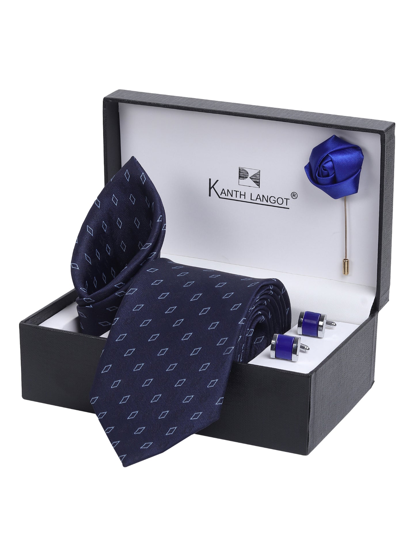 Kanthlangot Navy Diamond Necktie Set with Pocket Square, Cufflinks & Lapel Pin