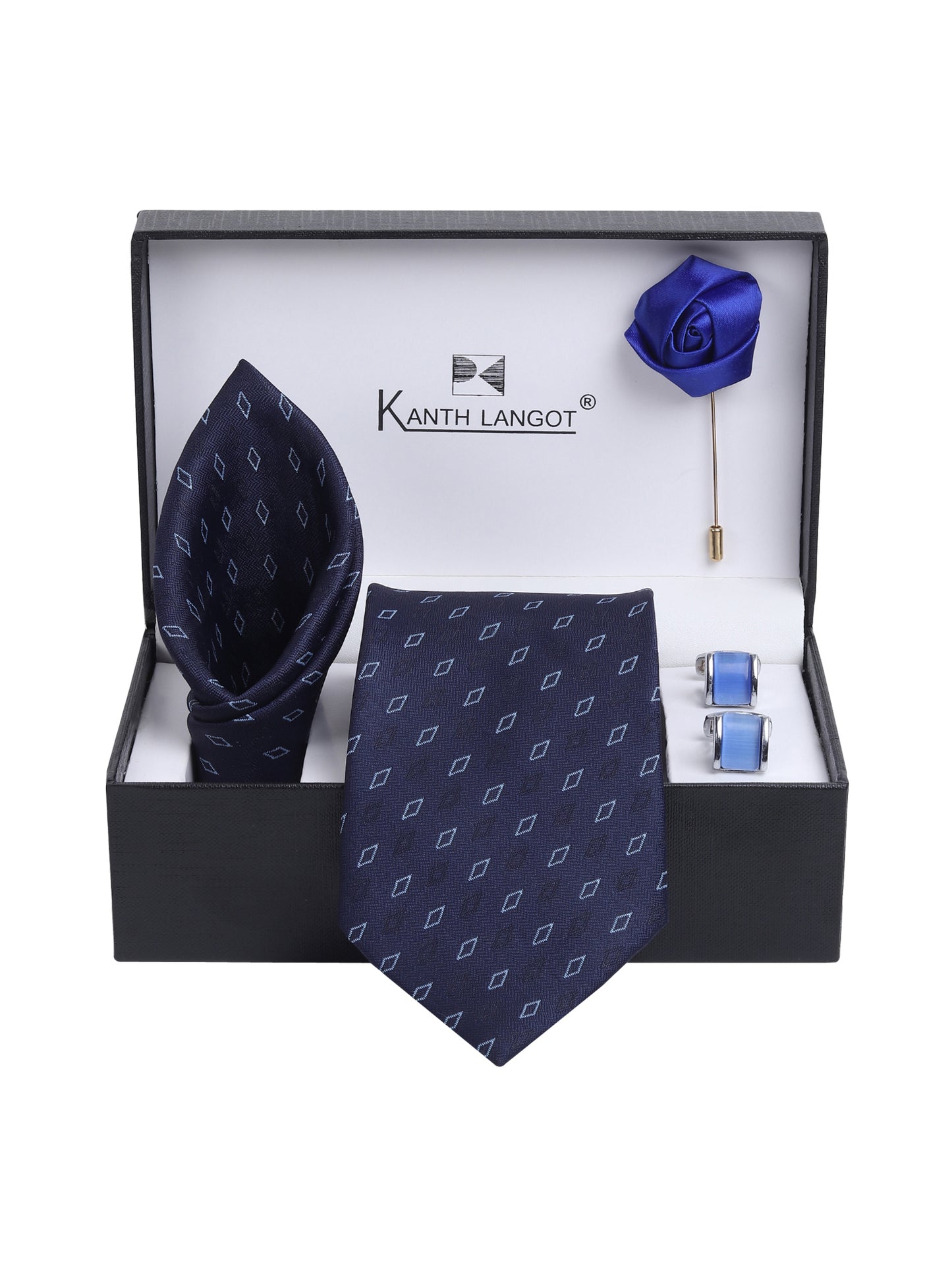 Kanthlangot Navy Diamond Motif Necktie Set with Pocket Square, Cufflinks & Lapel Pin