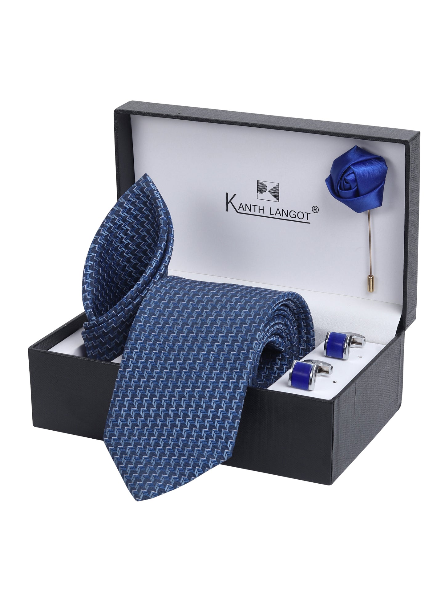Kanthlangot Navy Zigzag Necktie Gift Set with Pocket Square, Dark Blue Cufflinks & Lapel Pin