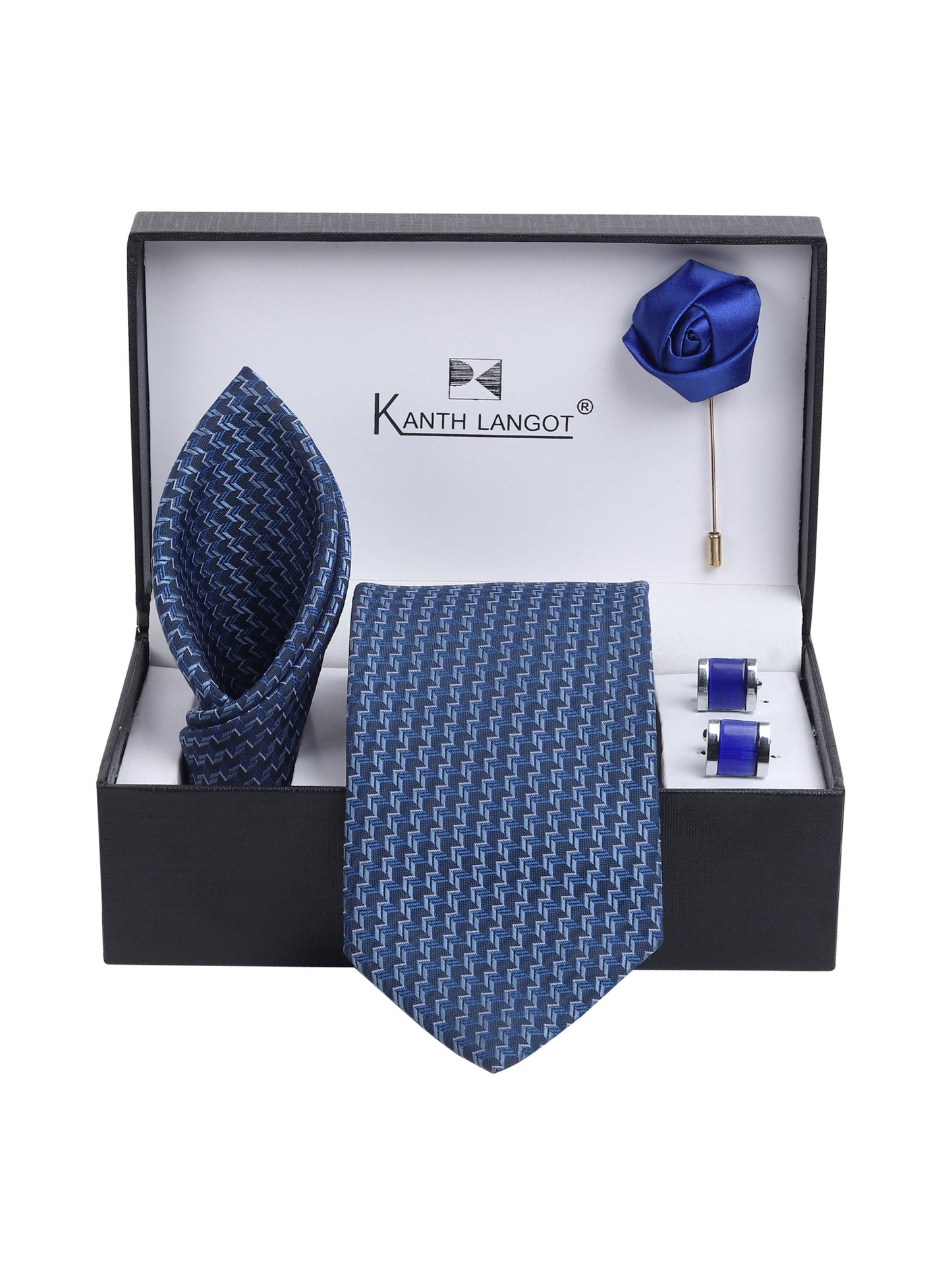 Kanthlangot Deep Navy Zigzag Tie Gift Set with Pocket Square, Rich Blue Cufflinks & Lapel Pin
