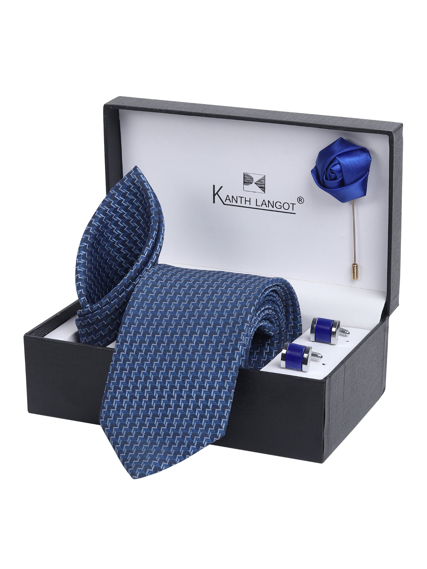 Kanthlangot Deep Navy Zigzag Tie Gift Set with Pocket Square, Rich Blue Cufflinks & Lapel Pin
