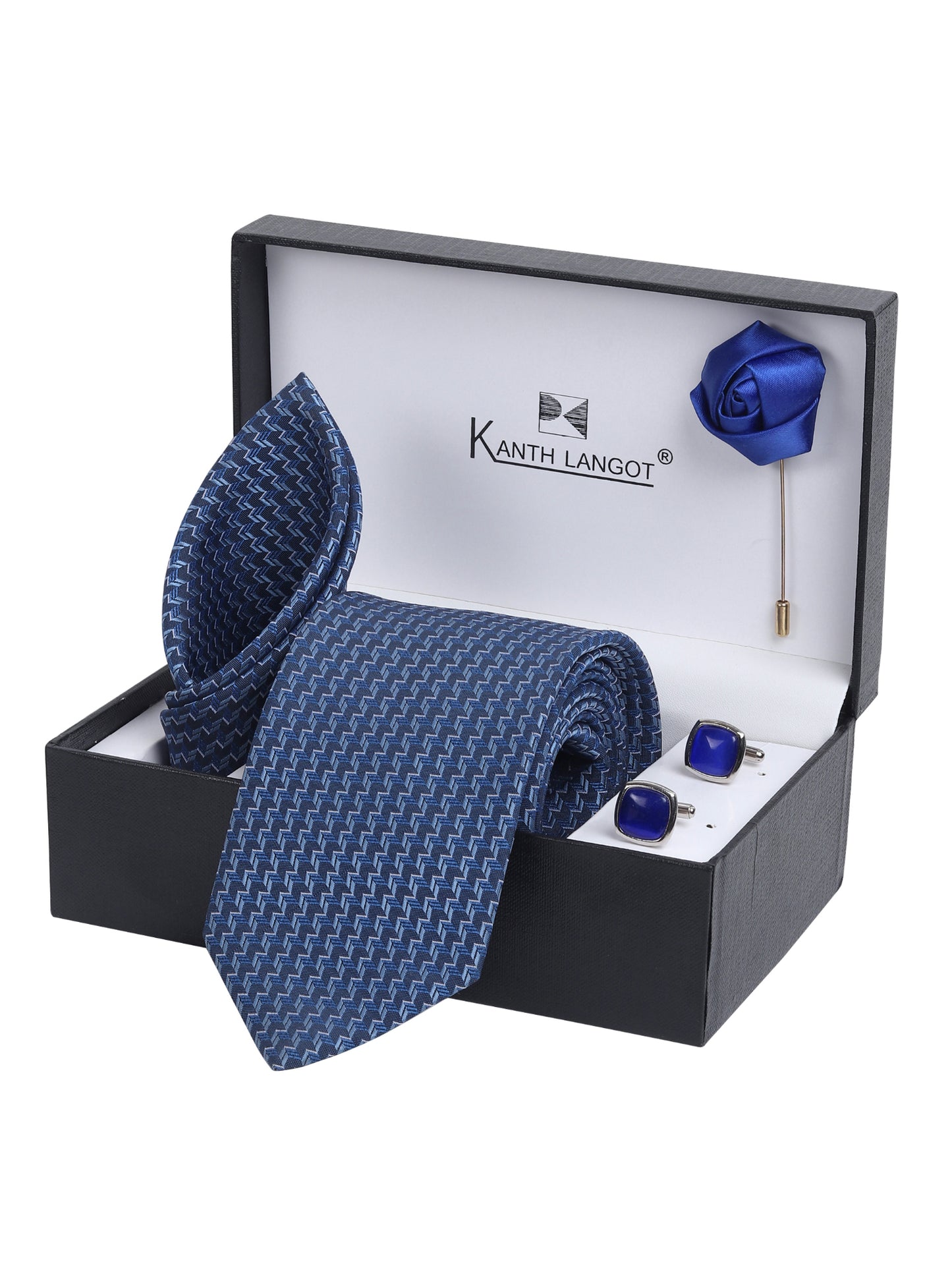 Kanthlangot Zigzag Navy Tie Gift Set with Pocket Square, Square Blue Cufflinks & Lapel Pin