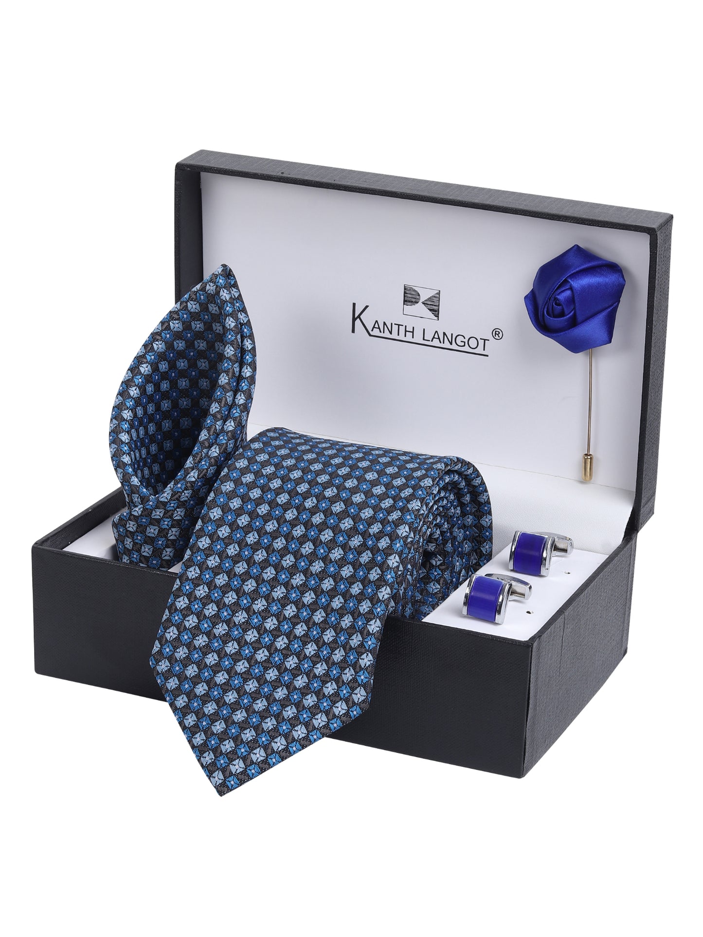 Kanthlangot Blue-Black Checkered Necktie Gift Set with Pocket Square, Vibrant Blue Cufflinks & Lapel Pin
