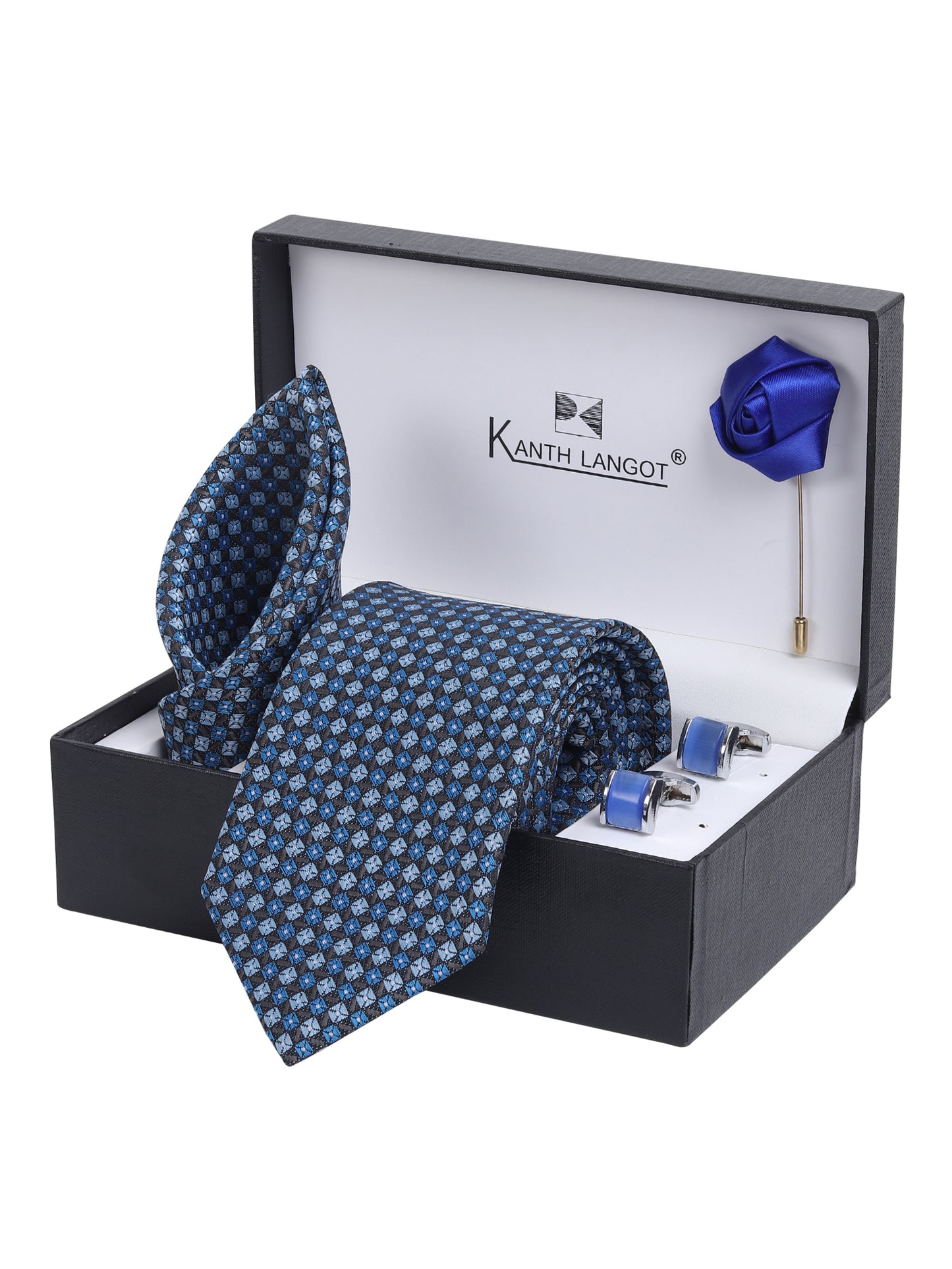 Kanthlangot Blue Checkered Necktie Gift Set with Pocket Square, Sky Blue Cufflinks & Rose Lapel Pin