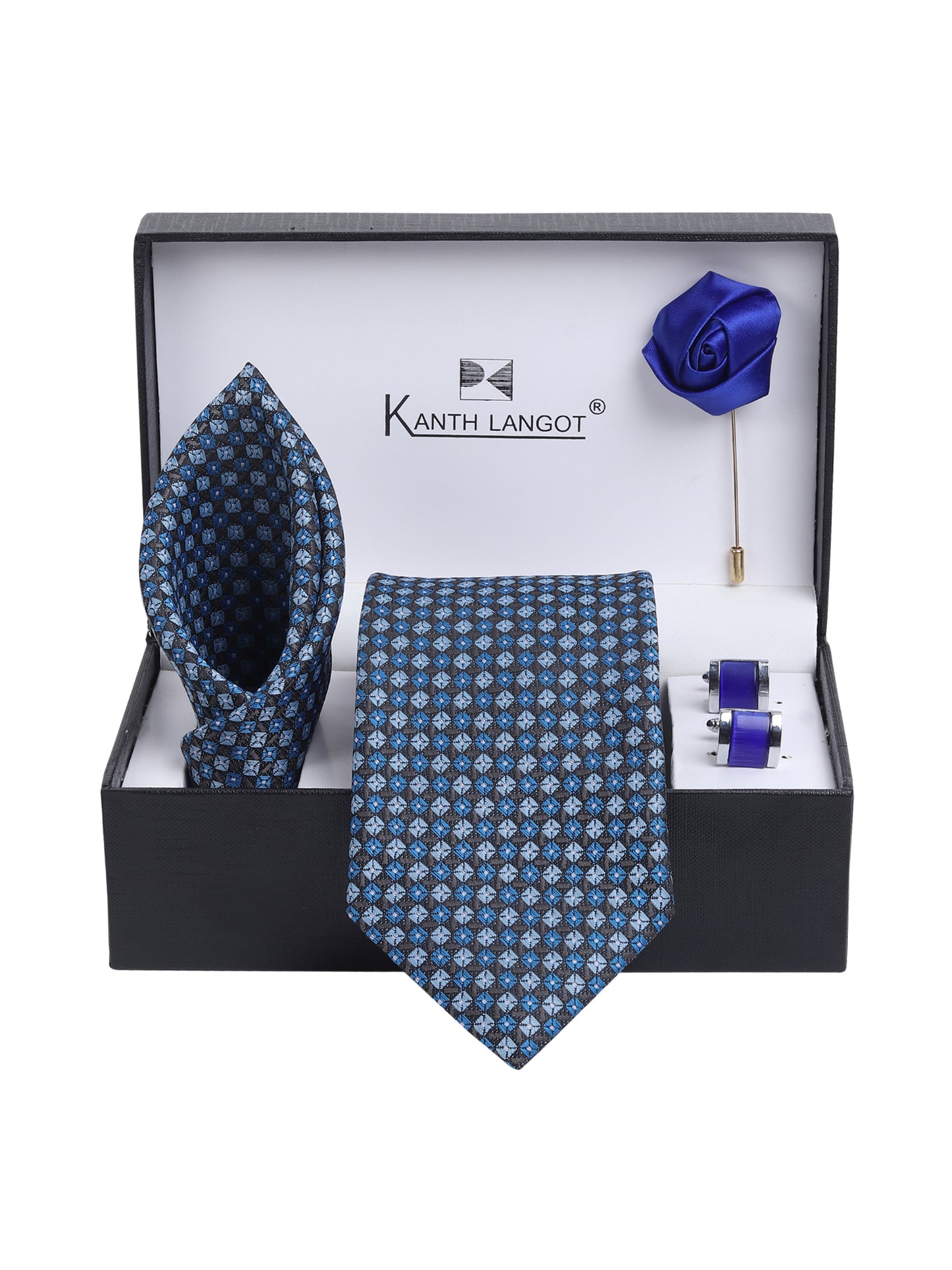 Kanthlangot Blue Checkered Necktie Gift Set with Pocket Square, Purple Cufflinks & Royal Blue Lapel Pin