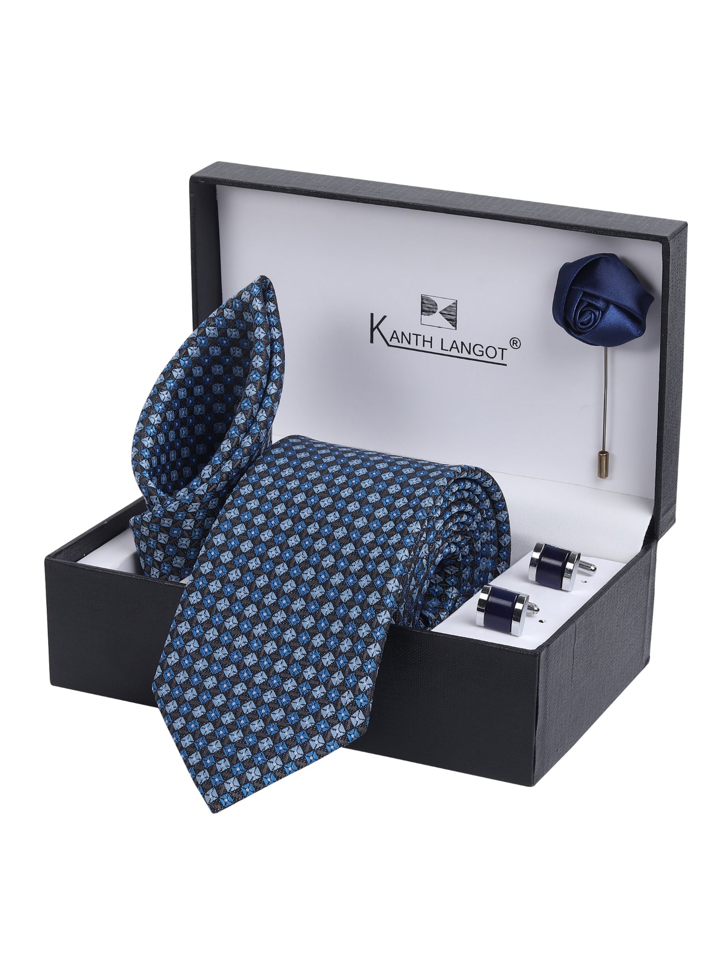 Kanthlangot Men’s Set of 4: Blue Geometric Tie, Pocket Square, Cufflinks & Lapel Pin (Premium Gift Box)