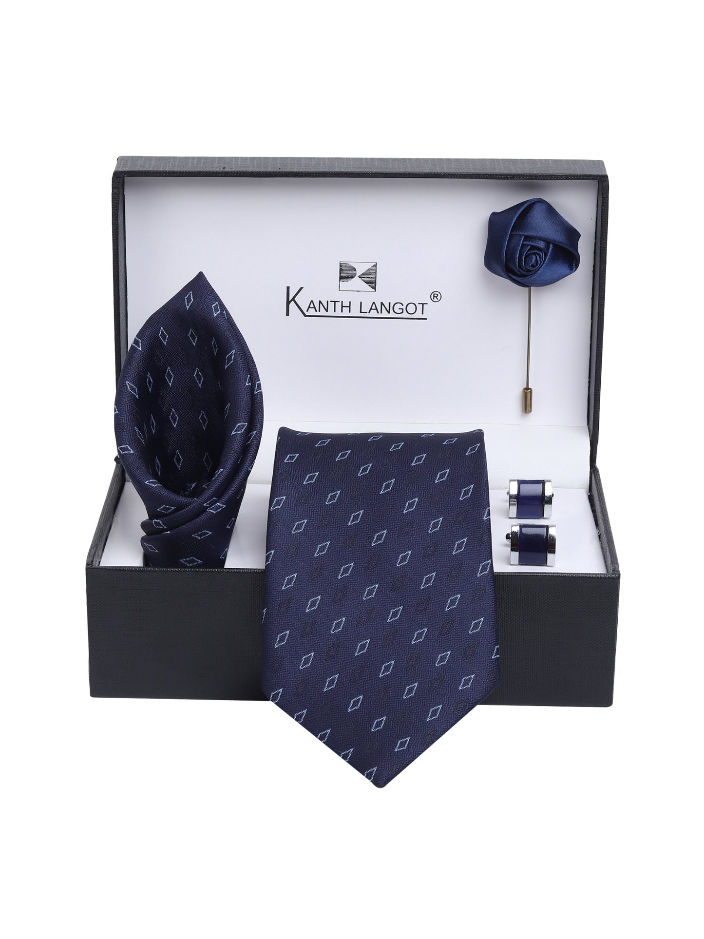 Kanthlangot Navy Diamond Necktie Gift Set with Pocket Square, Cufflinks & Lapel Pin