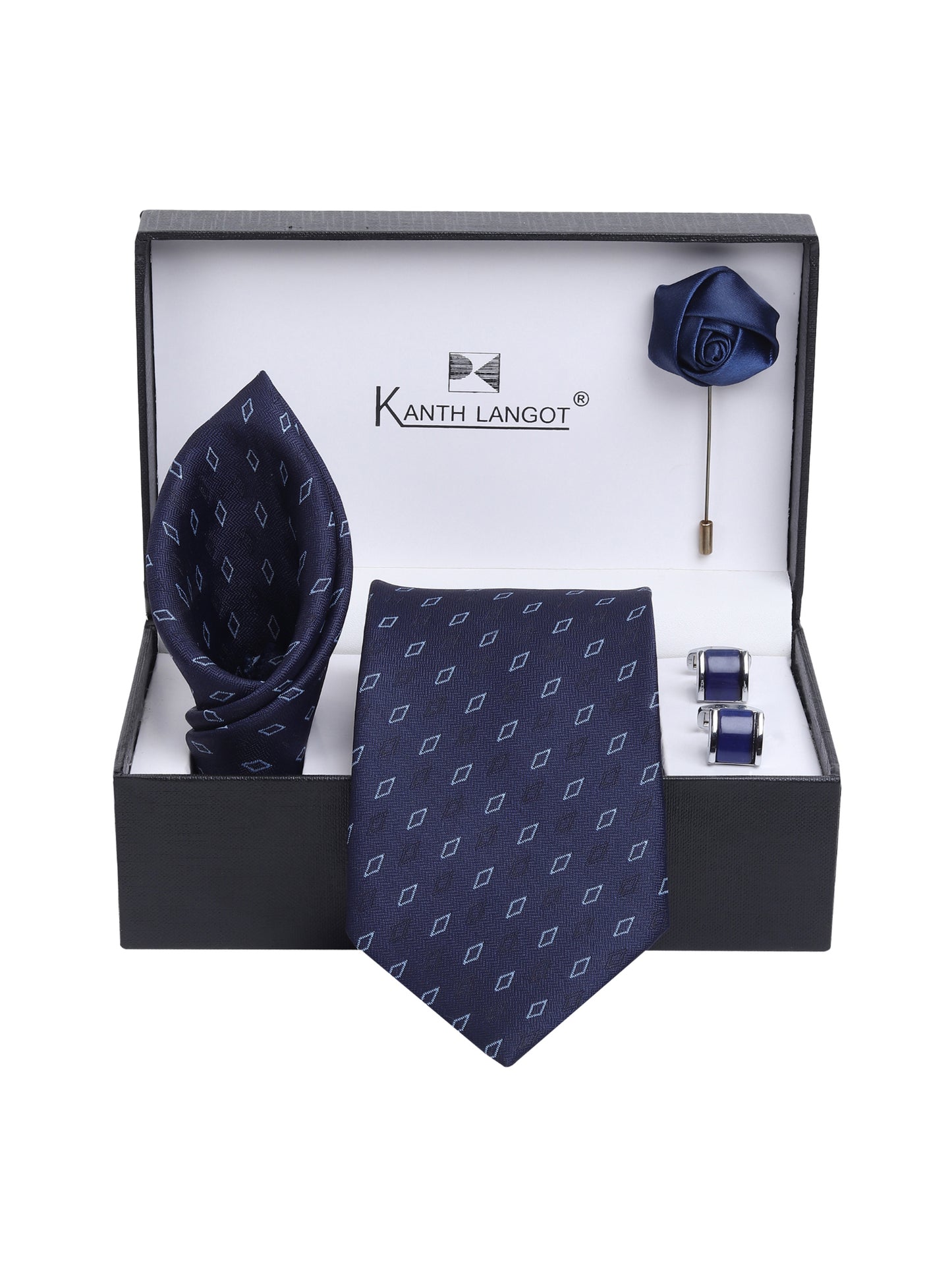 Kanthlangot Navy Blue Tie Gift Set with Pocket Square, Cufflinks & Lapel Pin