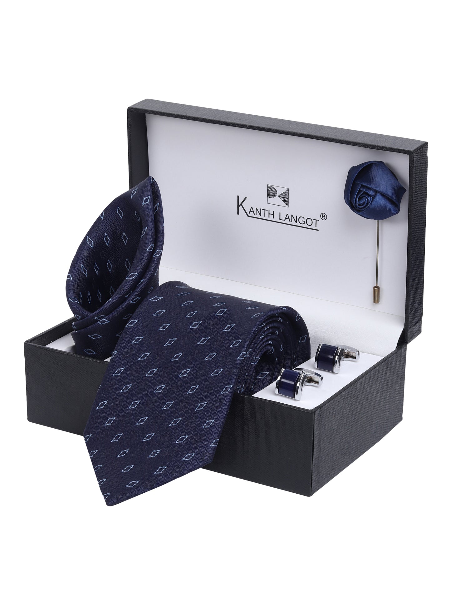 Kanthlangot Navy Blue Tie Gift Set with Pocket Square, Cufflinks & Lapel Pin