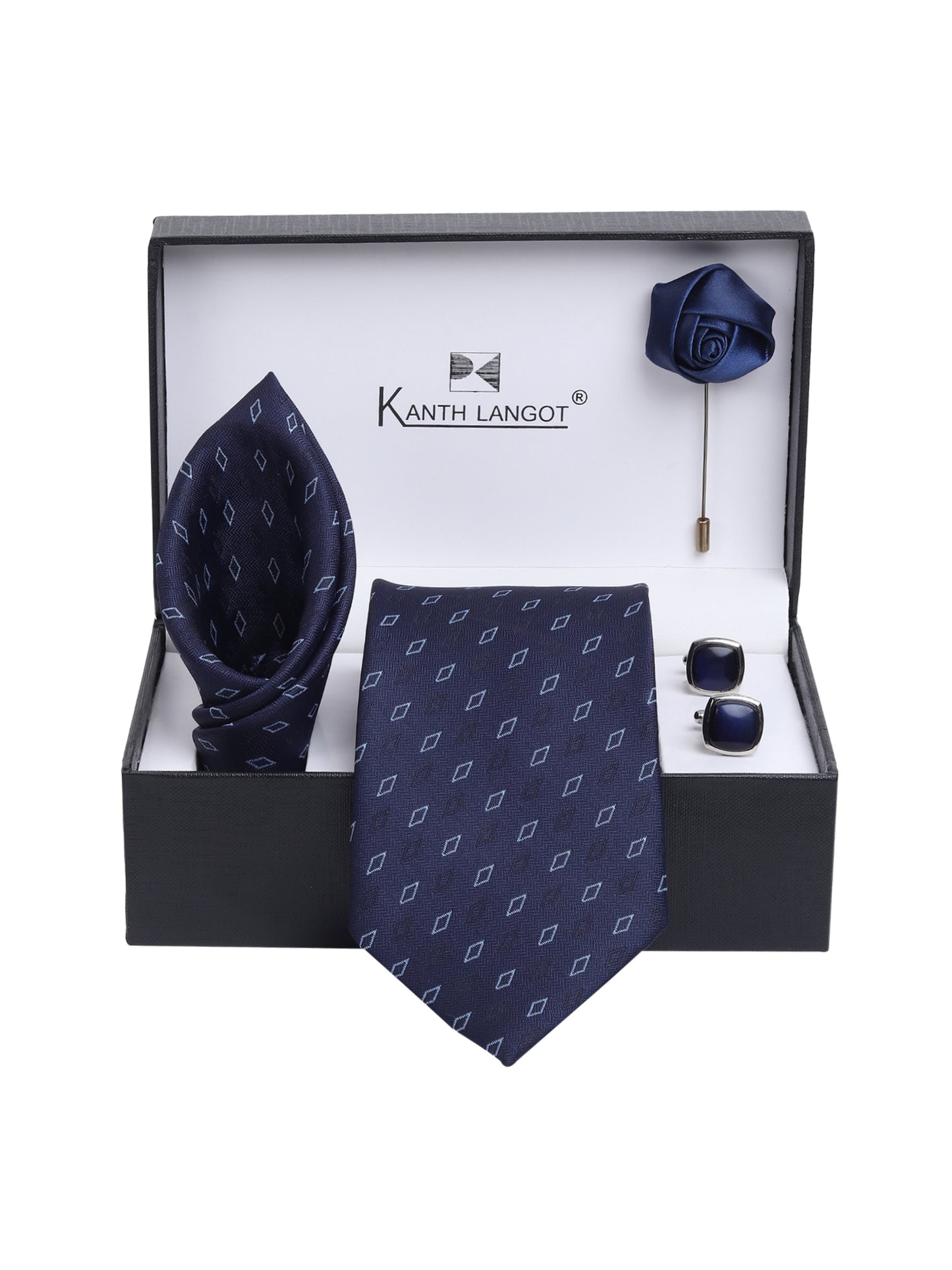 Kanthlangot Navy Blue Diamond Necktie Gift Set with Pocket Square, Cufflinks & Lapel Pin