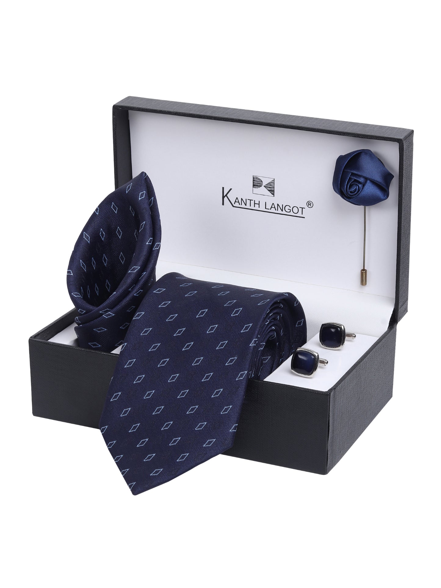 Kanthlangot Navy Blue Diamond Necktie Gift Set with Pocket Square, Cufflinks & Lapel Pin