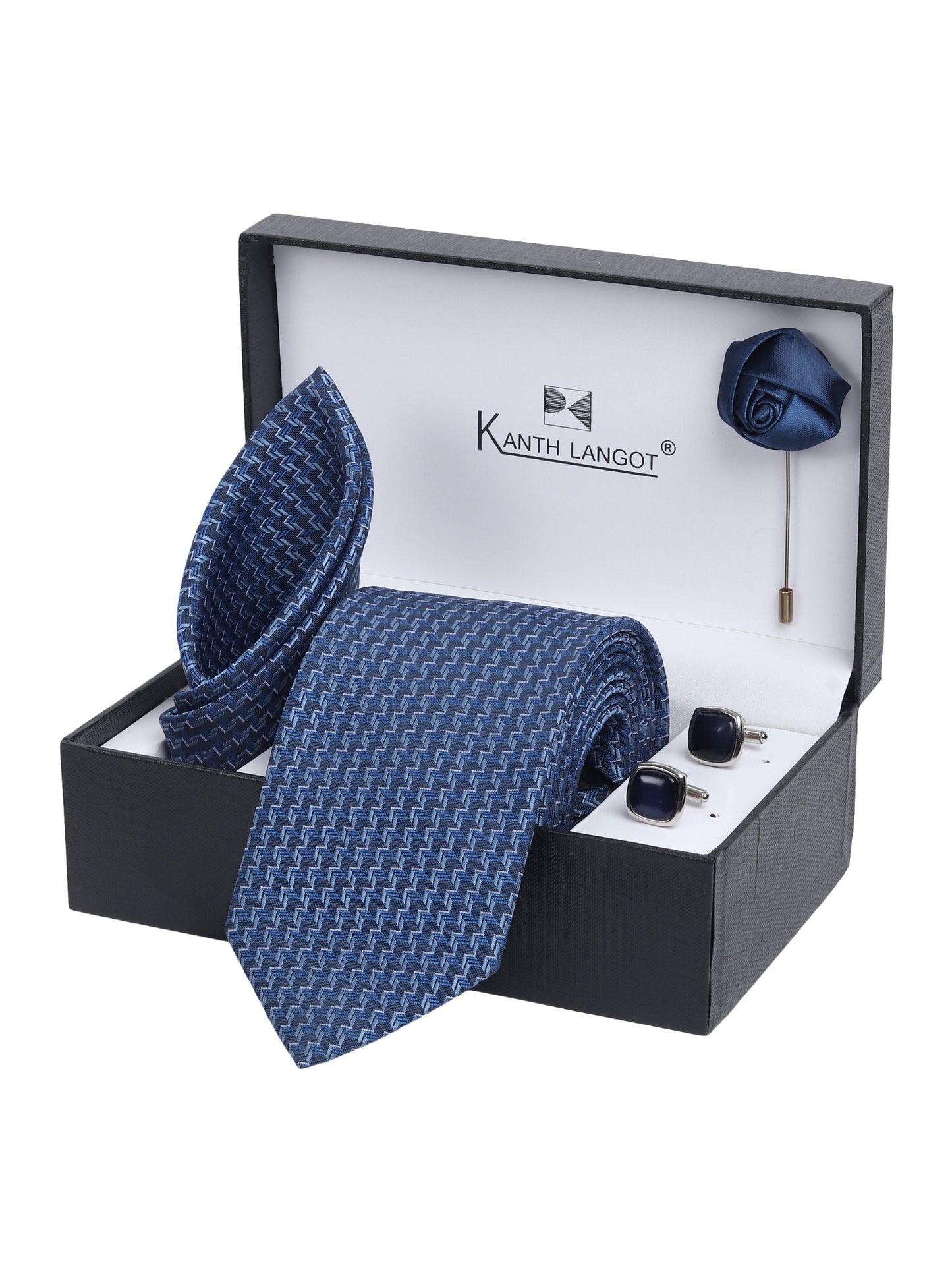 Kanthlangot Navy Zigzag Tie Gift Set with Pocket Square, Black Square Cufflinks & Satin Lapel Pin