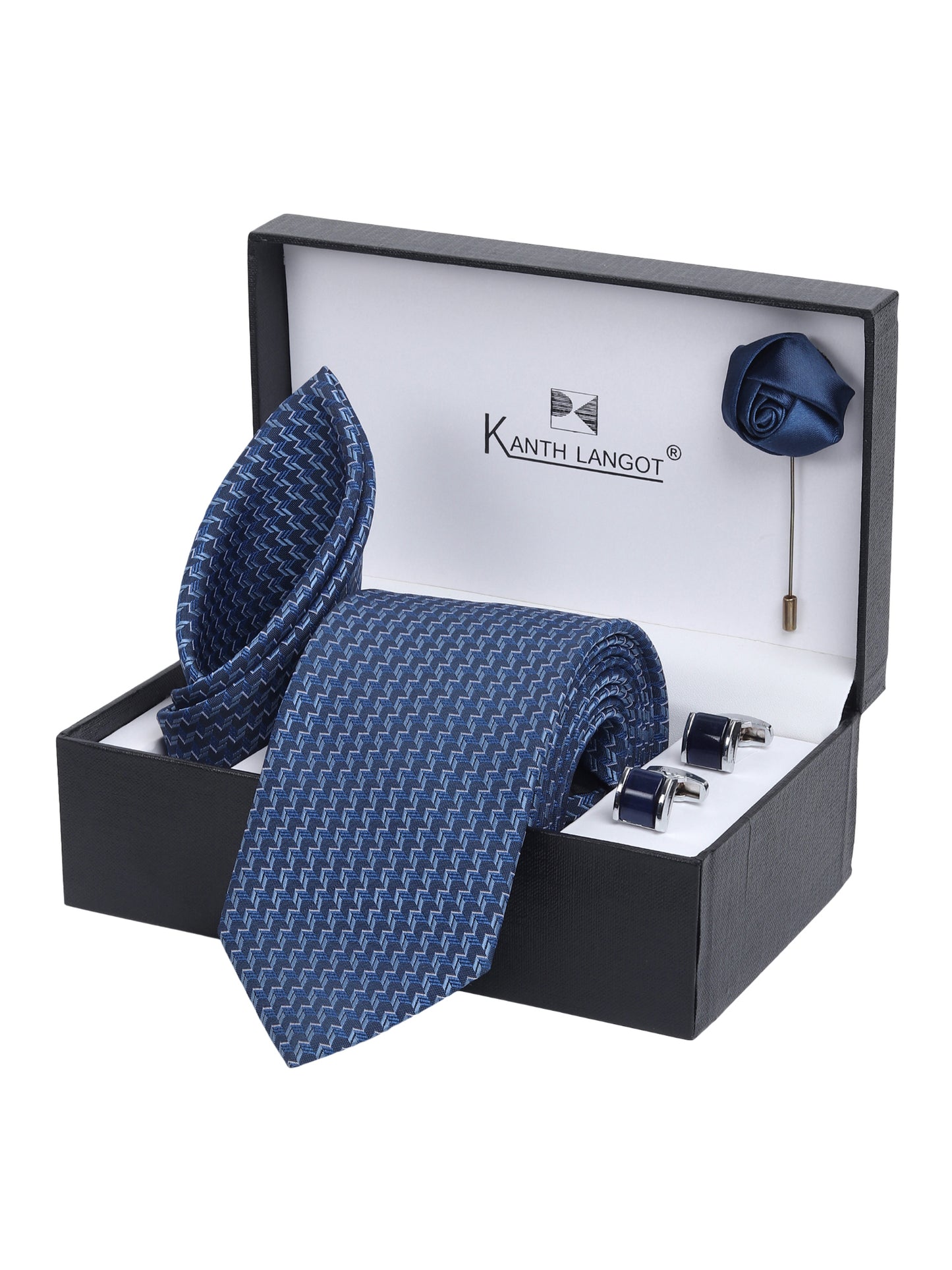 Kanthlangot Navy Zigzag Tie Gift Set with Pocket Square, Dark Blue Thin Bezel Cufflinks & Satin Lapel Pin