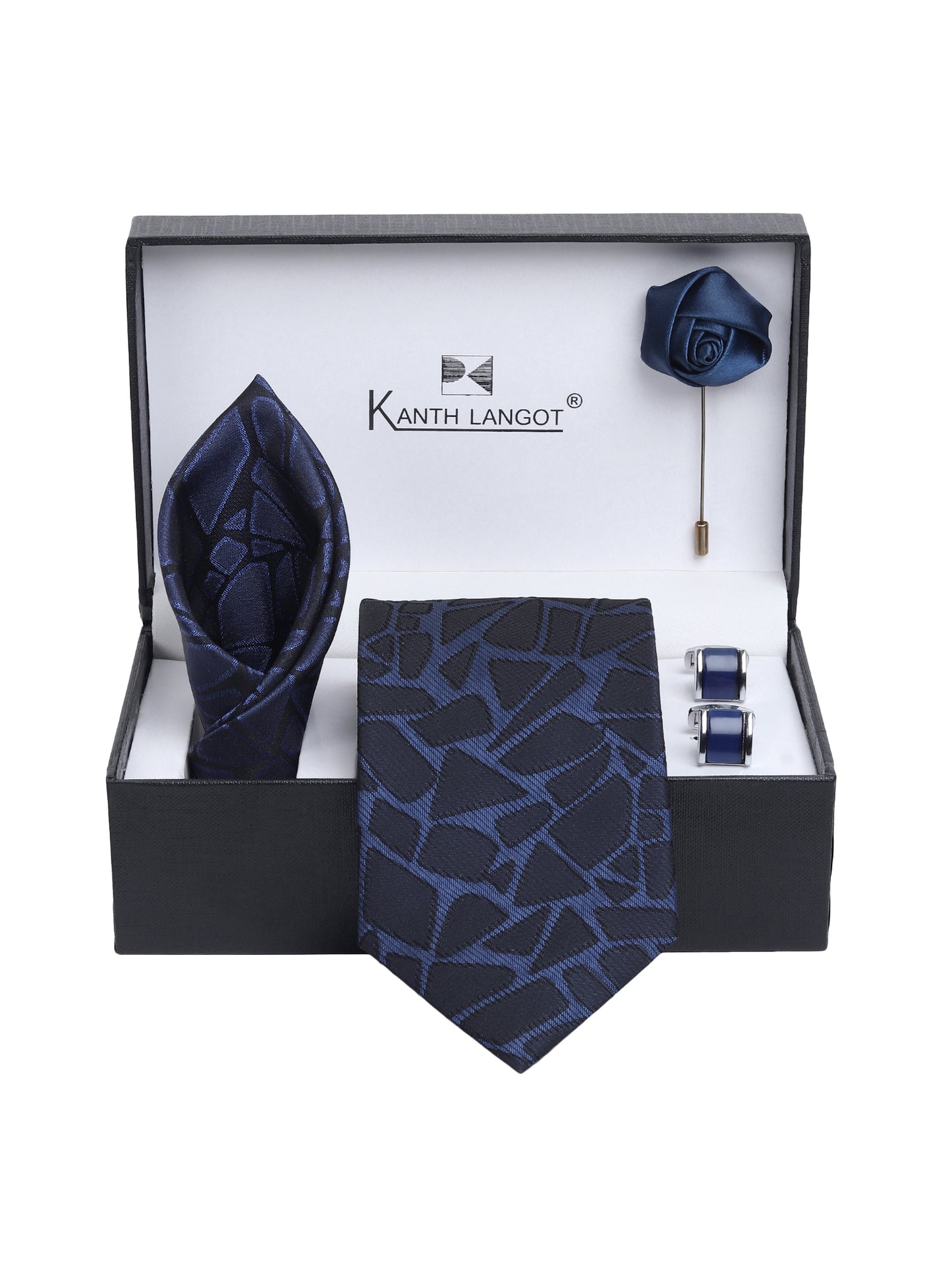 Kanthlangot Navy Blue Abstract Tie Gift Set with Pocket Square, Cufflinks & Lapel Pin