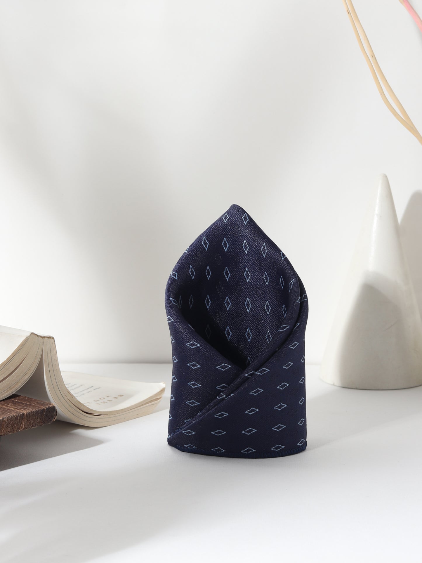 Kanthlangot Navy Diamond Motif Necktie Set with Pocket Square, Cufflinks & Lapel Pin