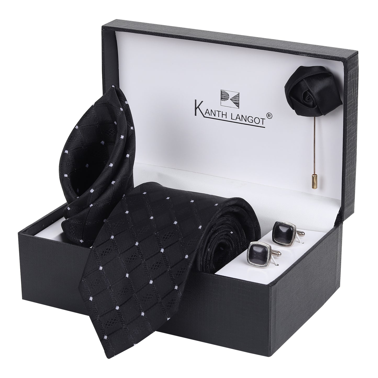 Kanthlangot Set of 4: Black Diamond-Check Tie, Pocket Square, Gloss Black Cufflinks & Lapel Pin in Gift Box