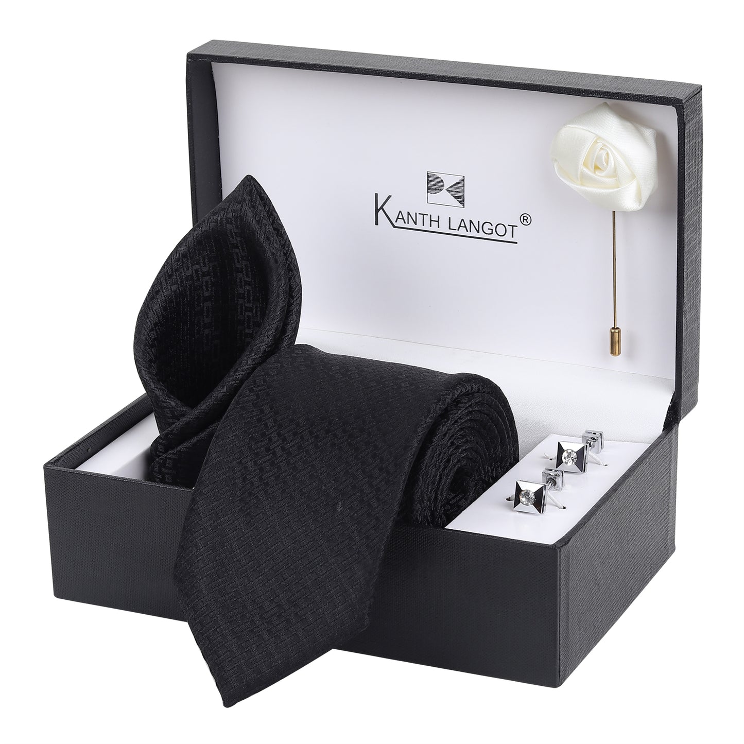 Kanthlangot Black Textured Tie, Pocket Square, Cufflinks & White Flower Lapel Pin Set (4-Piece Gift Box)
