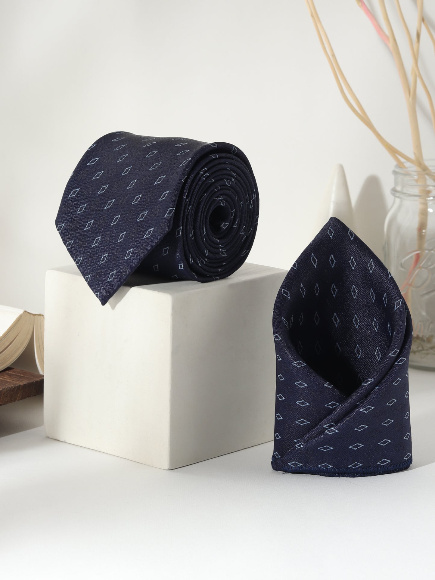 Kanthlangot Navy Diamond Motif Necktie Set with Pocket Square, Cufflinks & Lapel Pin
