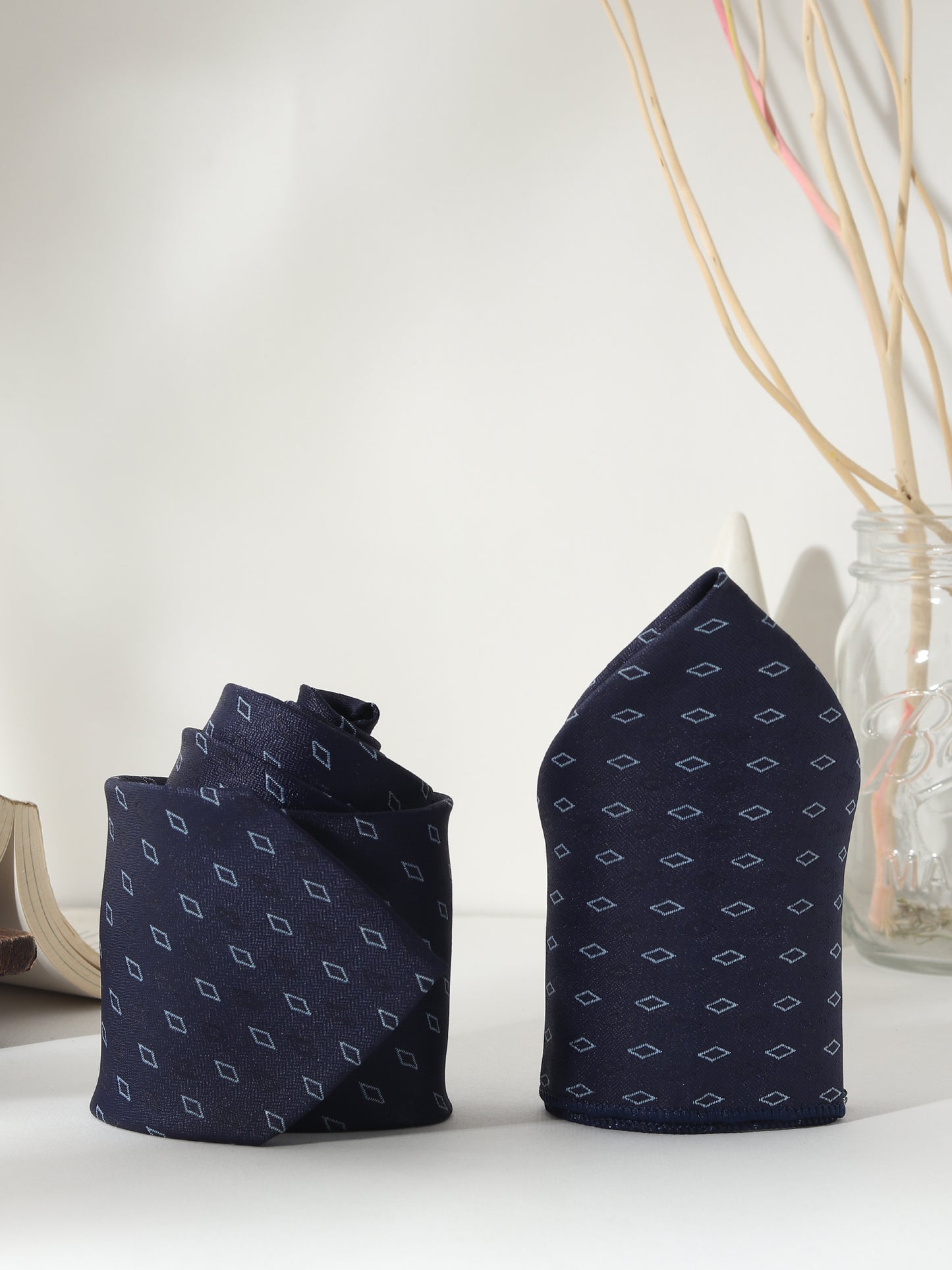 Kanthlangot Navy Diamond Motif Necktie Set with Pocket Square, Cufflinks & Lapel Pin