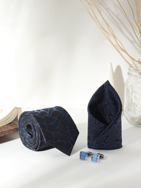 Kanthlangot maze-texture tie set with pocket square & crystal pyramid cufflinks. Sharp, structured set for standout formal style.