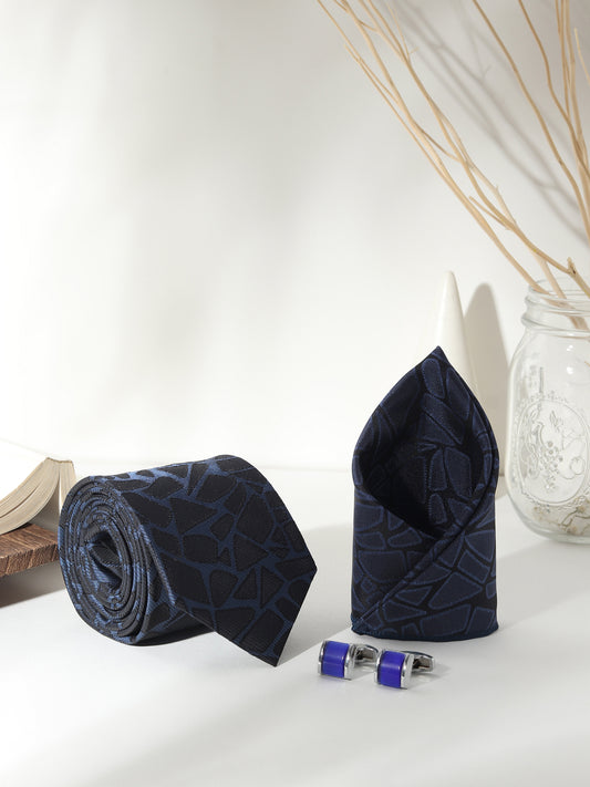 Kanthlangot Men’s 3-Piece Formal Set – Navy Abstract Tie, Pocket Square & Royal Blue Cufflinks (3-Inch Necktie)