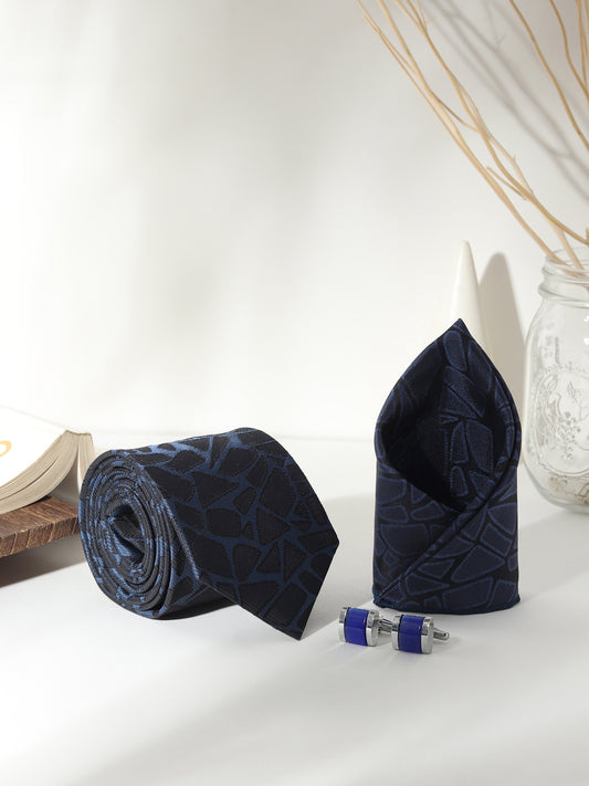 Kanthlangot Men’s 3-Piece Formal Set – Navy Abstract Tie, Pocket Square & Cobalt Blue Barrel Cufflinks (3-Inch Necktie)