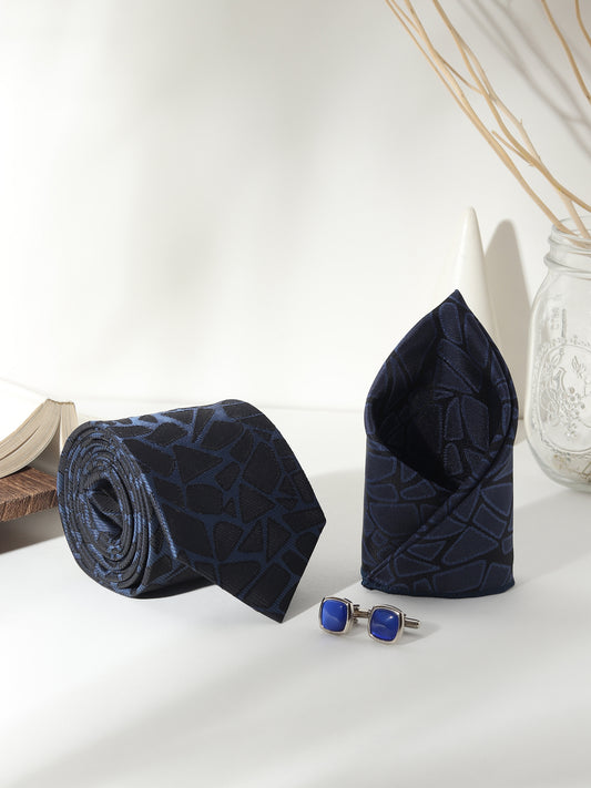 Kanthlangot Men’s 3-Piece Formal Set – Navy Abstract Tie, Pocket Square & Cobalt Blue Cufflinks (3-Inch Necktie)
