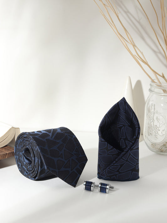 Kanthlangot Men’s 3-Piece Formal Set – Navy Abstract Pattern Tie, Pocket Square & Deep Navy Enamel Cufflinks (3-Inch Necktie)