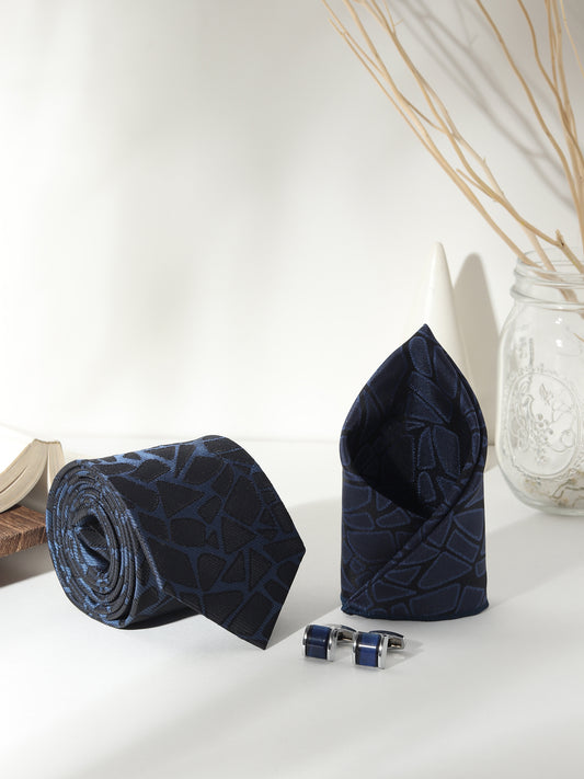 Kanthlangot Men’s 3-Piece Formal Set – Navy Abstract Tie, Pocket Square & Rounded Royal Navy Enamel Cufflinks (3-Inch Necktie)