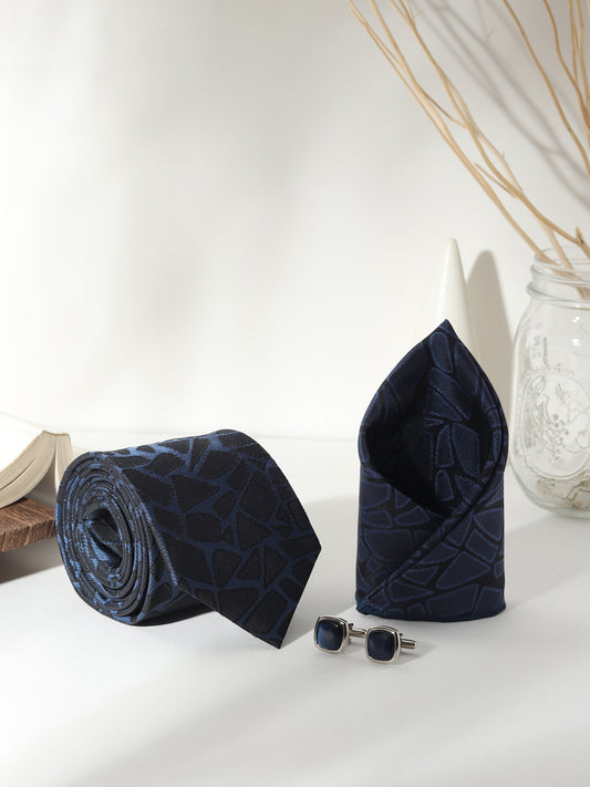Kanthlangot Men’s 3-Piece Formal Set – Navy Abstract Tie, Pocket Square & Deep Navy Enamel Cufflinks (3-Inch Necktie)