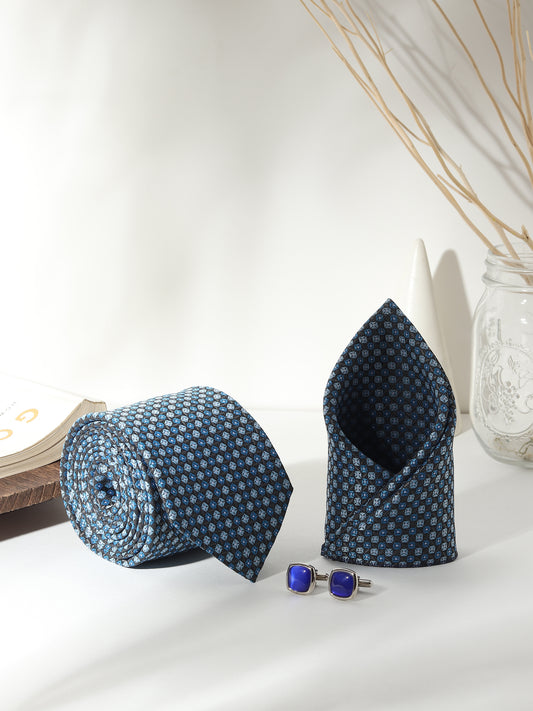 Kanthlangot Men’s 3-Piece Blue Grid Tie Set with Pocket Square & Royal Blue Cufflinks (3-Inch Necktie)
