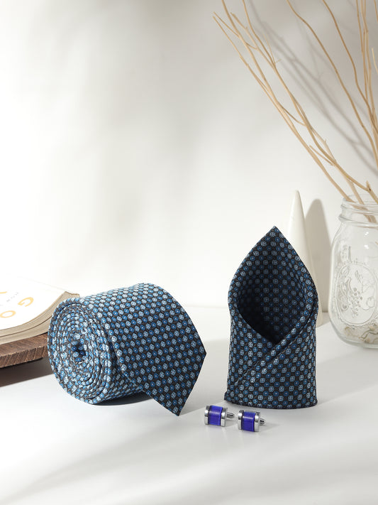 Kanthlangot Men’s 3-Piece Blue Micro Tile Tie Set with Pocket Square & Bold Violet Barrel Cufflinks (3-Inch Necktie)