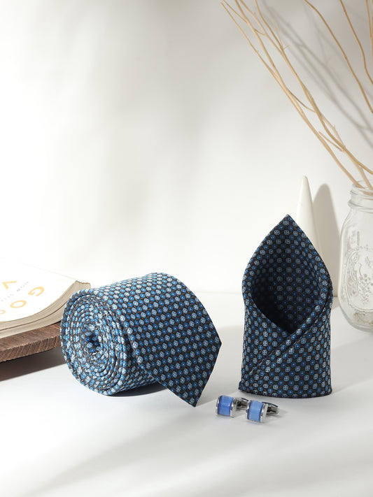 Kanthlangot Men’s 3-Piece Sky Blue Check Tie Set with Pocket Square & Gloss Blue Cufflinks (3-Inch Necktie)