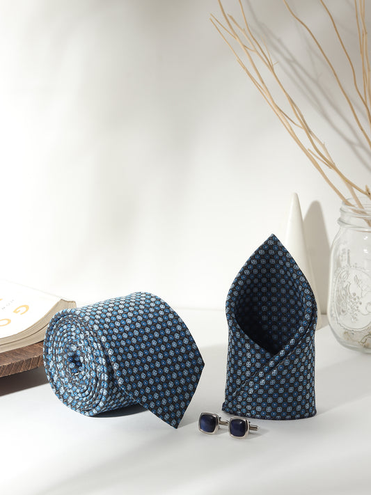 Kanthlangot Men’s 3-Piece Blue Micro-Check Tie Set with Pocket Square & Navy Square Cufflinks (3-Inch Necktie)