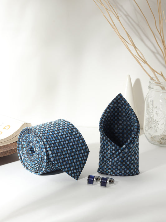 Kanthlangot Men’s 3-Piece Blue Micro-Check Tie Set with Pocket Square & Navy Curved Cufflinks (3-Inch Necktie)