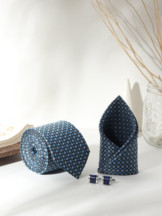Kanthlangot Men’s 3-Piece Blue Mosaic Tie Set with Pocket Square & Deep Navy Cufflinks (3-Inch Necktie)