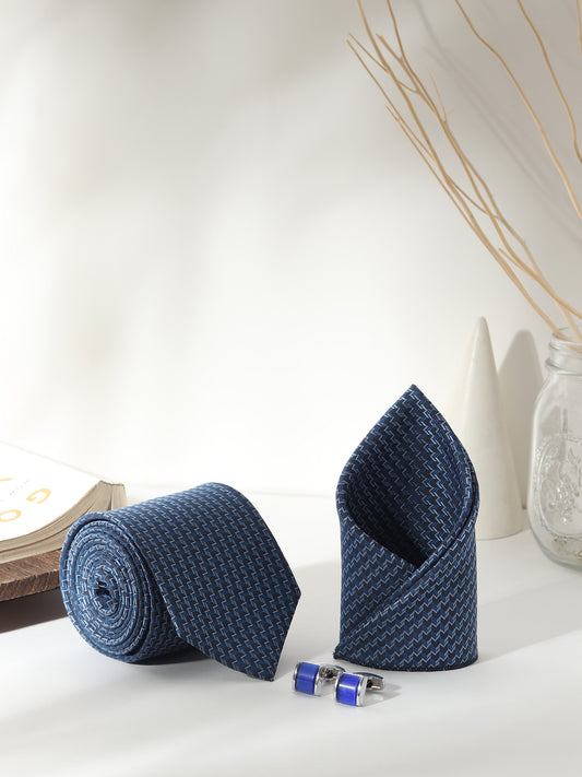 Kanthlangot Men’s 3-Piece Navy Zigzag Tie Set with Pocket Square & Royal Blue Barrel Cufflinks (3-Inch Necktie)