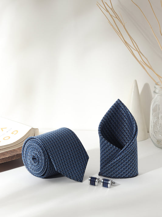 Kanthlangot Men’s 3-Piece Navy Zigzag Tie Set with Pocket Square & Dark Navy Barrel Cufflinks (3-Inch Necktie)