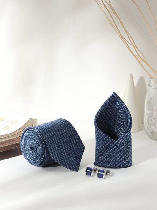 Kanthlangot Men’s 3-Piece Royal Blue Zigzag Tie Set with Pocket Square & Glossy Navy Barrel Cufflinks (3-Inch Necktie)