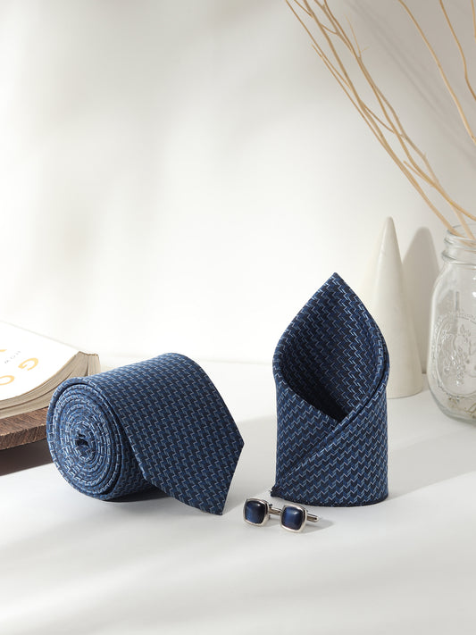 Kanthlangot Men’s 3-Piece Blue Zigzag Tie Set with Pocket Square & Navy Blue Square Cufflinks (3-Inch Necktie)