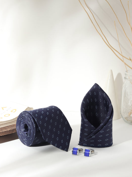 Kanthlangot Men’s 3-Piece Formal Set – Navy Diamond Tie, Pocket Square & Electric Blue Barrel Cufflinks (3-Inch Necktie)